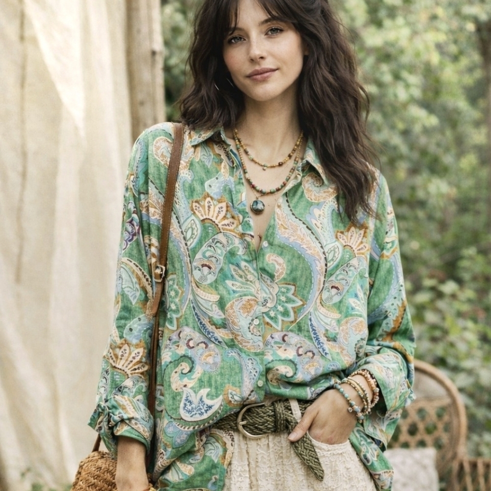 Haver London Emerald Paisley Satin Feel Button Boho Roll Tab Oversize XS